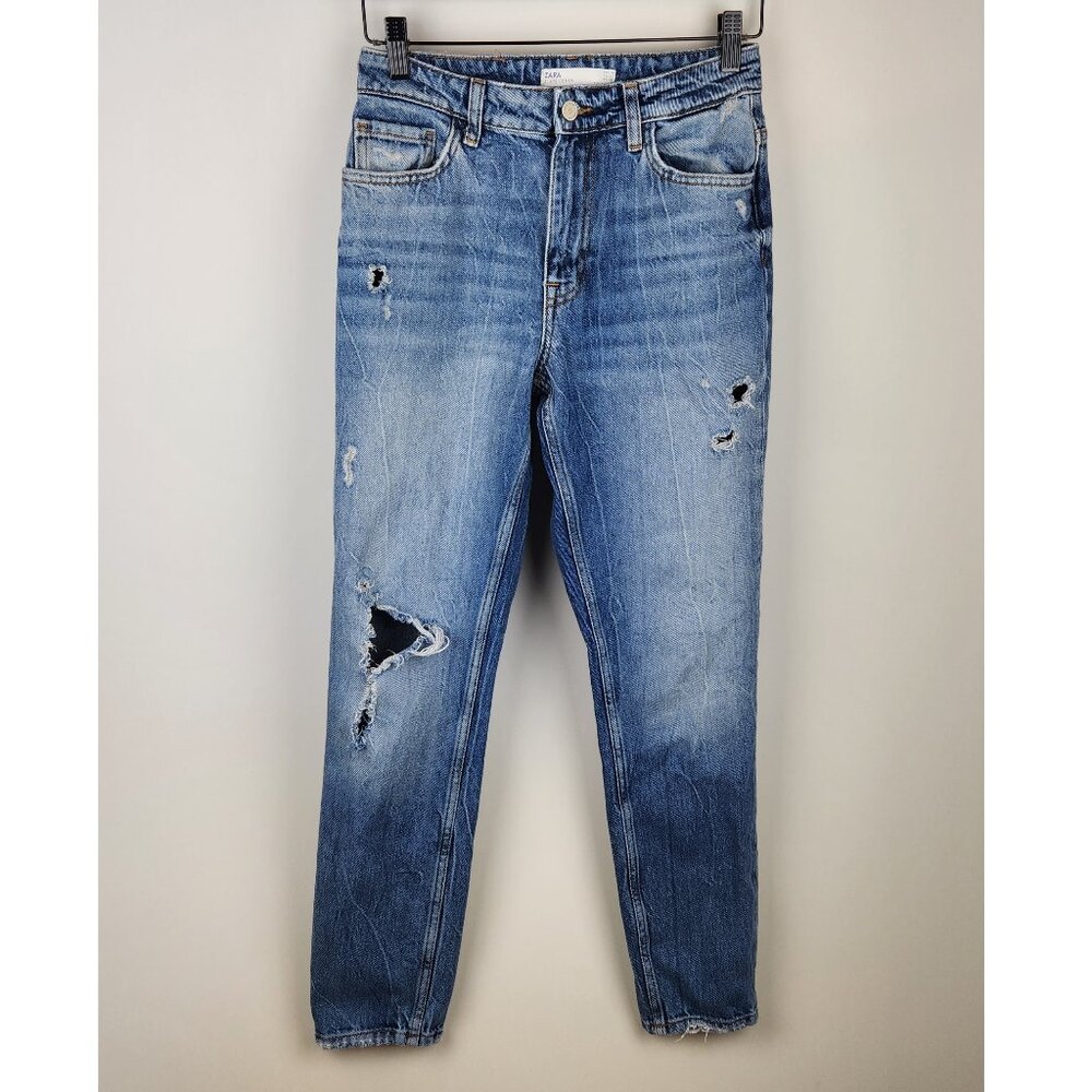 Zara Basic Z1975 Distressed Ripped High Rise Jeans sz 4